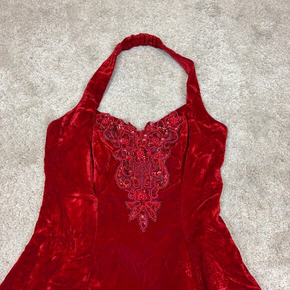 Vintage 80s Jump Apparel Beaded Velvet Halter Dress Women's 7/8 Cherry Girl Mod - Picture 3 of 11